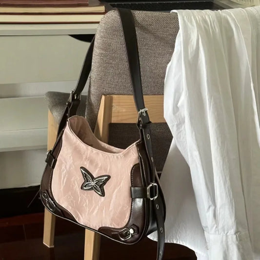 qgtao Y2k Womens Shoulder Bag American Vintage Style Contrast Color Fashion Handbag Butterfly Harajuku Pink Ladies Armpit Bag