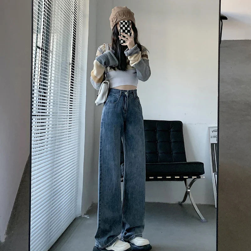 qgtao  High Waiste Jeans Y2K Fashion Women Clothing Blue Black Straight Leg Denim Pants Trousers Mom Jean Baggy Trousers Tall