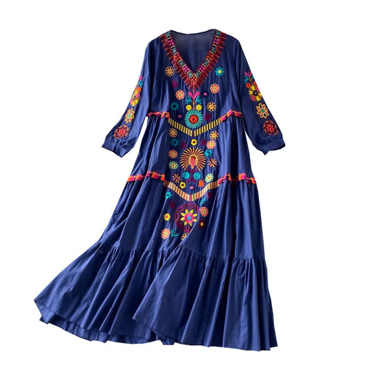 qgtao Vintage Chic Women  Floral Embroidery Beach Bohemian Mini Dress Ladies Short Sleeve V-neck Cotton and Linen Boho Dresses Vestido