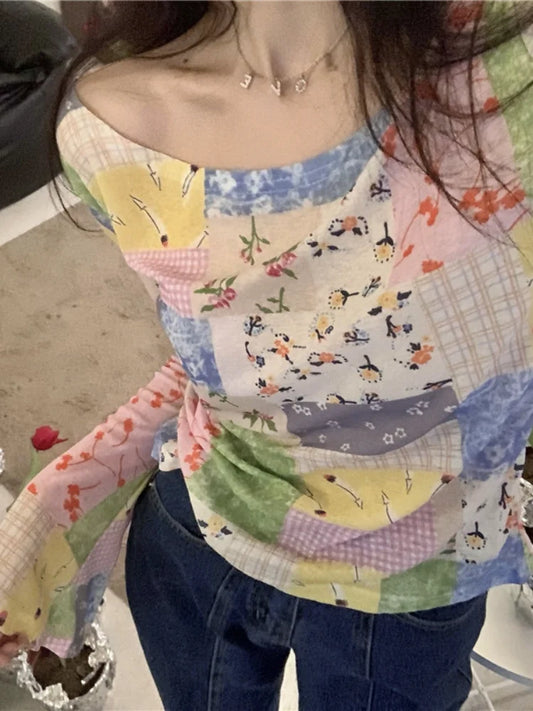 qgtao  -   Harajuku Patchwork T Shirt Women Flare Sleeve Hotsweet Slim Tees Korean Fashion Girl Tops Designer Y2k Aesthetic Clothes