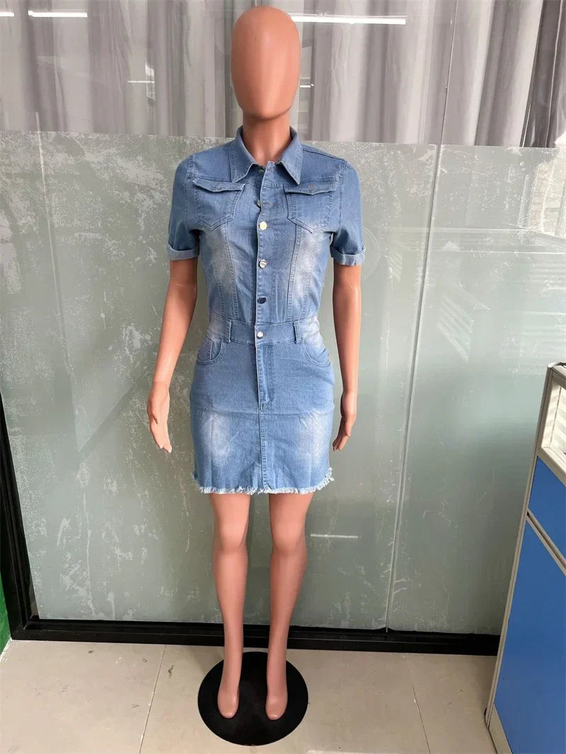 qgtao Streetwear Jean Jacket Dress Women Summer Y2K Clothing Short Sleeve Button Up Mini Dress Vintage Cowboy Denim Dress Vestidos