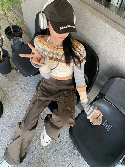 qgtao Y2K Vintage Striped Knitted Cropped Sweater Women Harajuku Hollow Out Patchwork Pullover Korean Fashion Casual Jumper