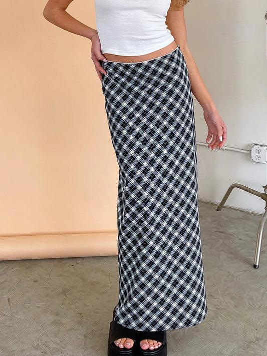 qgtao Women Y2k Harajuku Maxi Skirt Low Waist Plaid Printed Midi Skirt 2000s Vintage Bodycon Long Pencil Skirt Korean Fashion Street