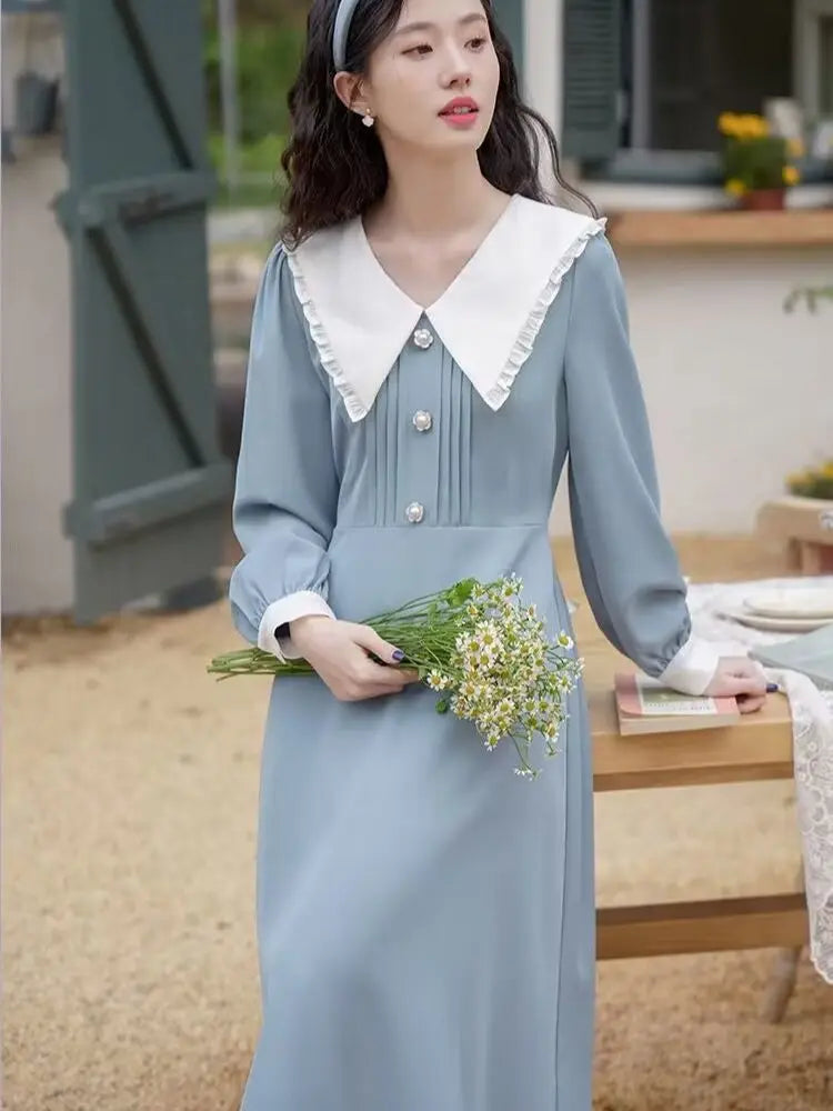 qgtao French Vintage Elegant Peter Pan Collar Pink Long Dress Women Spring Autumn Fashion Sweet design Ladies Loose Casual Midi Dress