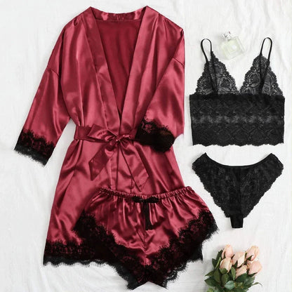 qgtao Woman Sleepwear 4pcs Floral Lace Trim Satin Pajamas Set with Robe Sexy Faux Silk Pijamas Robe Sets Casual Home Clothes Nightwear sleepwear