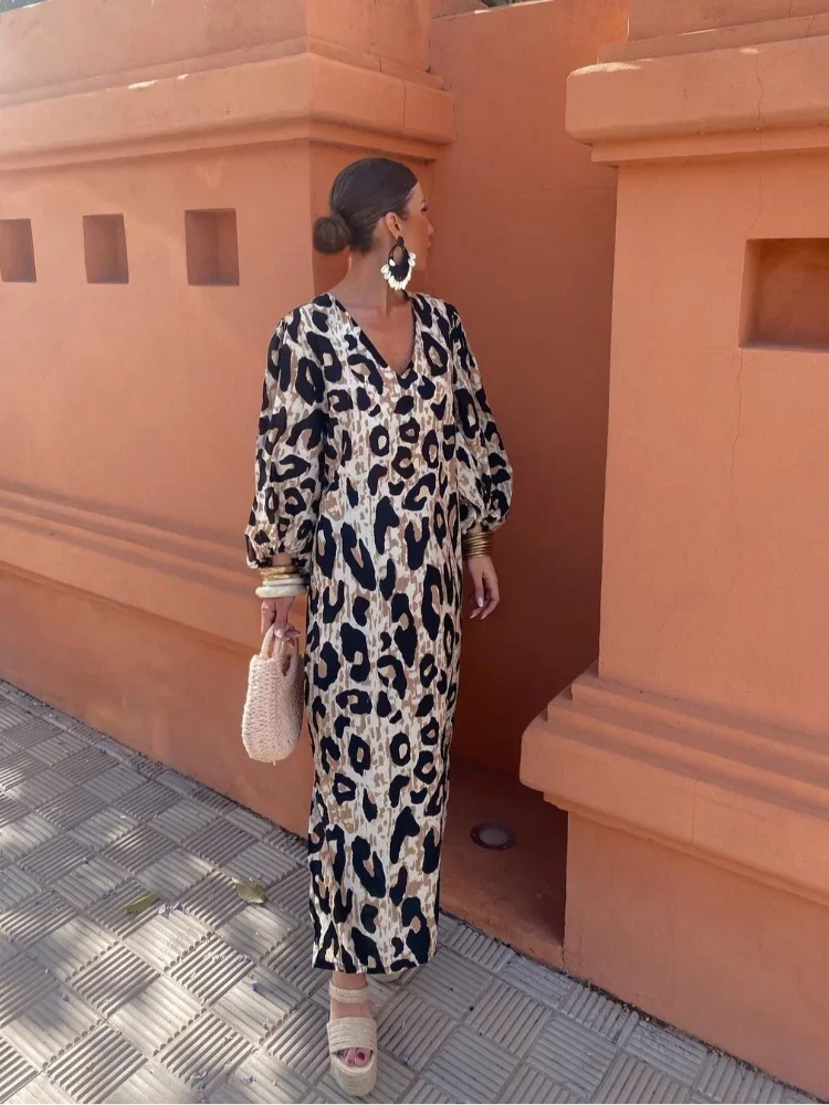 qgtao Elegan V-neck Leopard Print Maxi Dress For Women Vintage Lantern Sleeves Loose Vestido 2024 Spring Casual Female High Streetwear