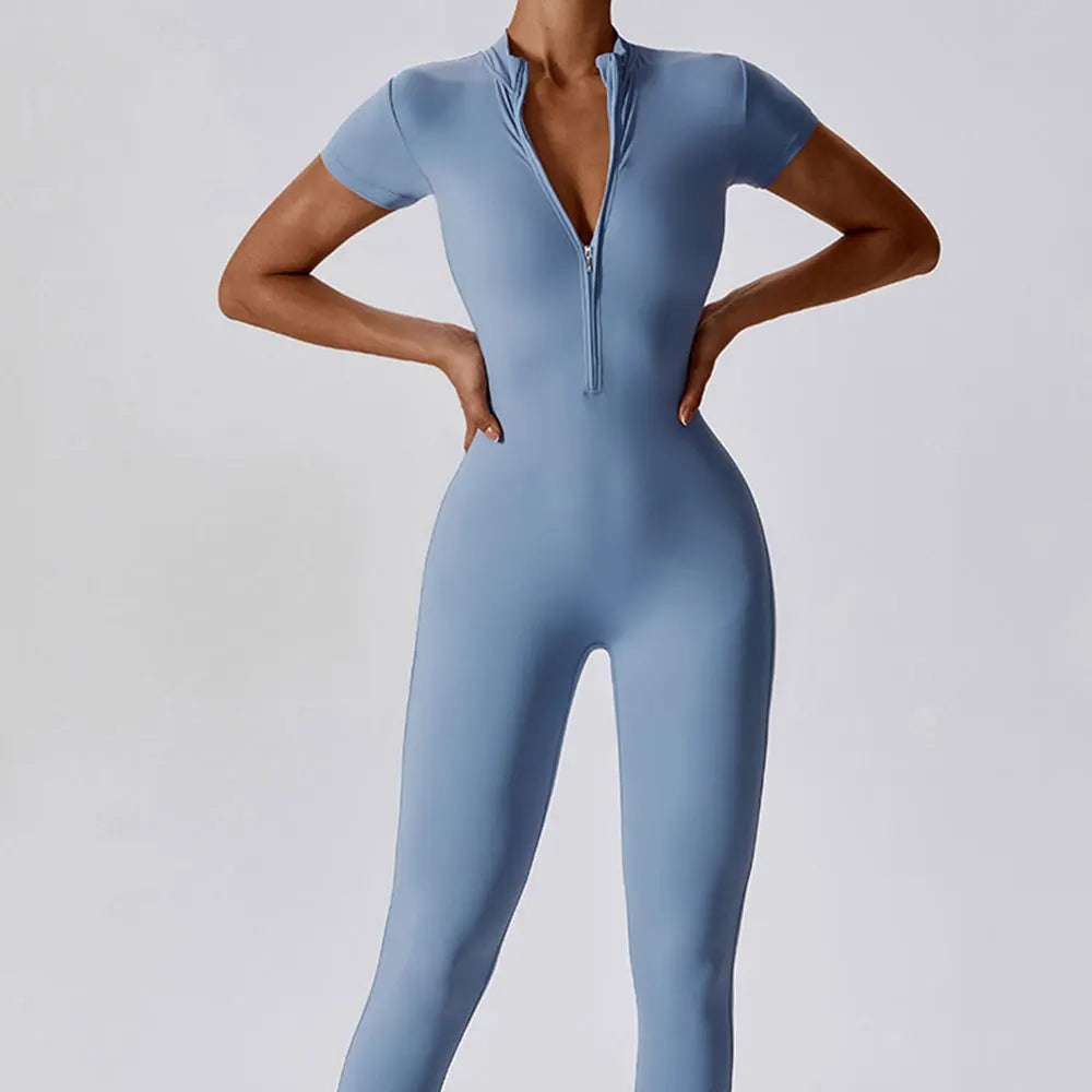 qgtao Yoga Set Women's Jumpsuits One-Piece Suit Zipper Short Sleeve Gym Push Up Workout Clothes Fitness Bodysuit Sportswear Tracksuit