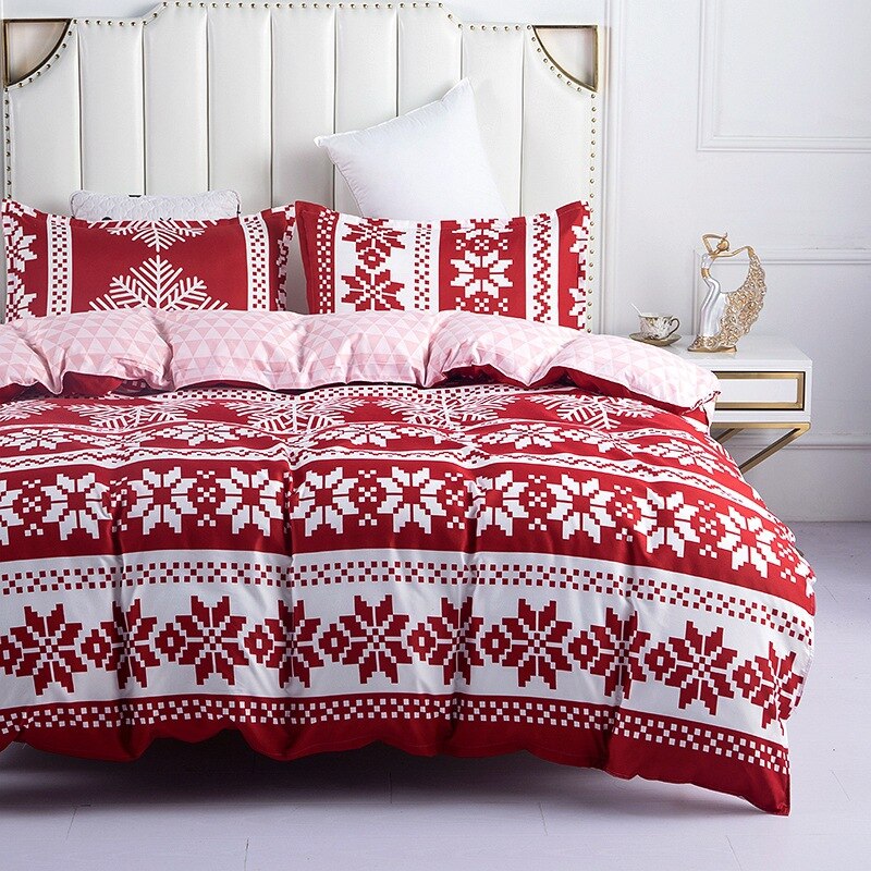 Yeknu New 4pcs High Quality Skin Friendly Christmas Snowflake Bedroom Double Soft Bedding Set Sheet Quilt Cover Pillowcase