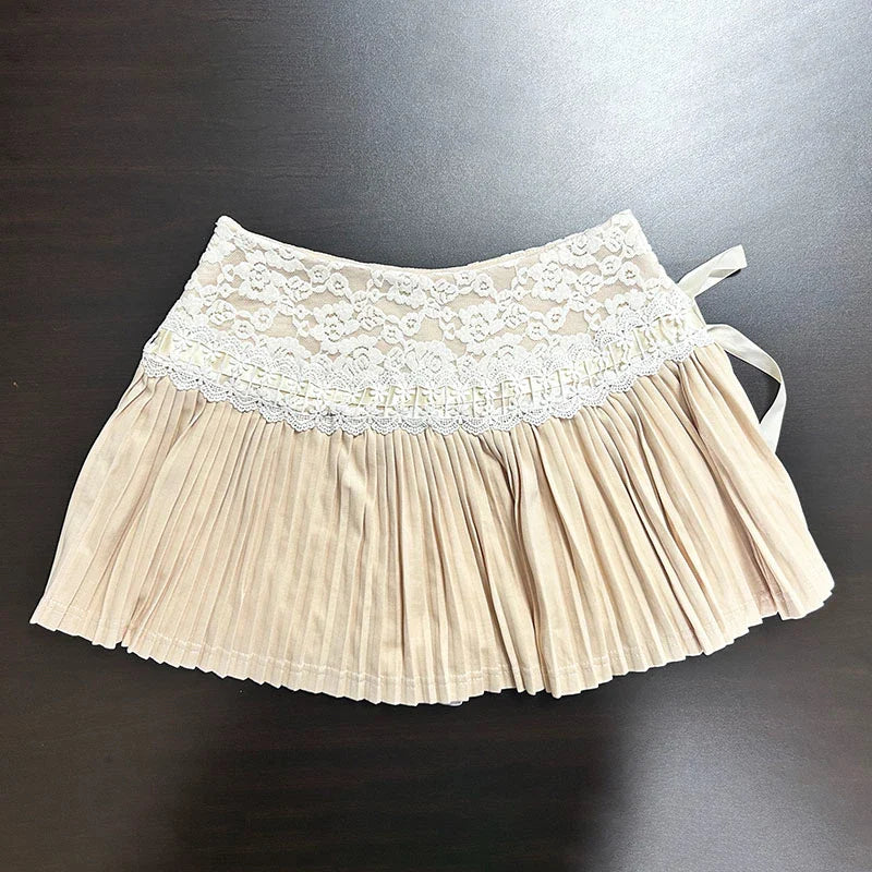 qgtao Pink Pleated Skirt Women Kawaii High Waist A-line Lace Patchwork Bow Lace Up Cute Fairycore Mini Skirt Spring Summer