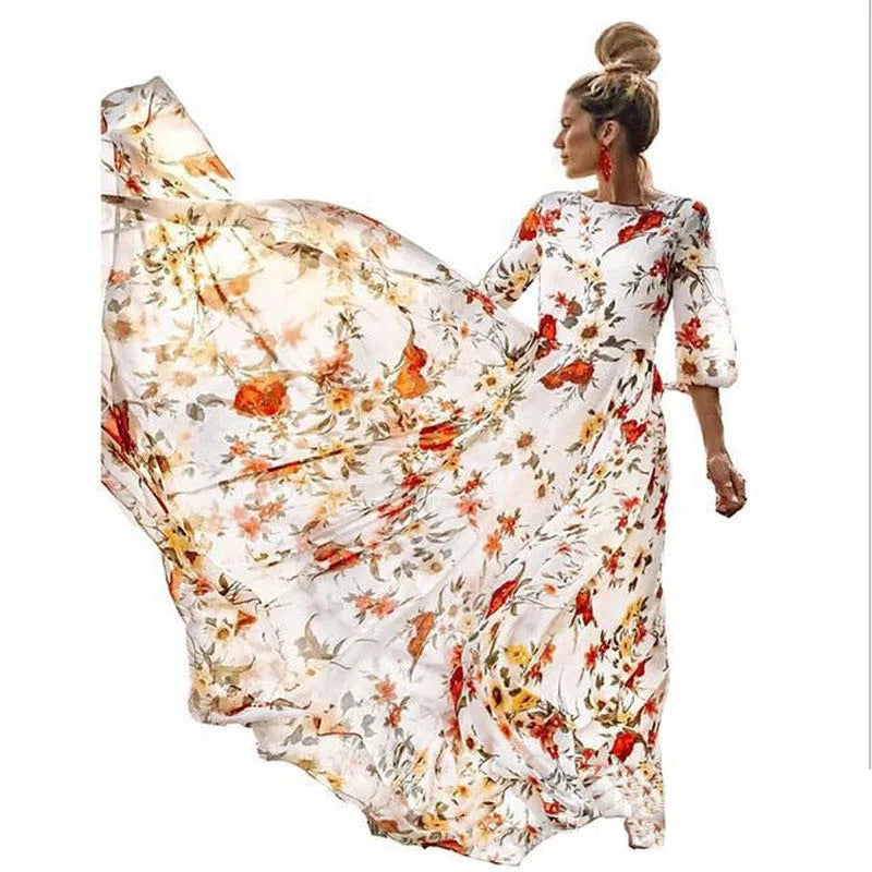 qgtao Spring Summer Vintage Flower Floral Print Maxi Dress Office Lady Fashion Elegant Long Sleeve O-neck Dresses For Women 2024