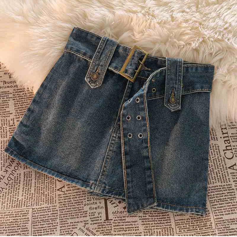 qgtao Vintage Denim Mini Skirts Women Summer Sexy Solid Belt Jeans Skirts Female Casual Ball Gown Korean Slim A Line Skirts