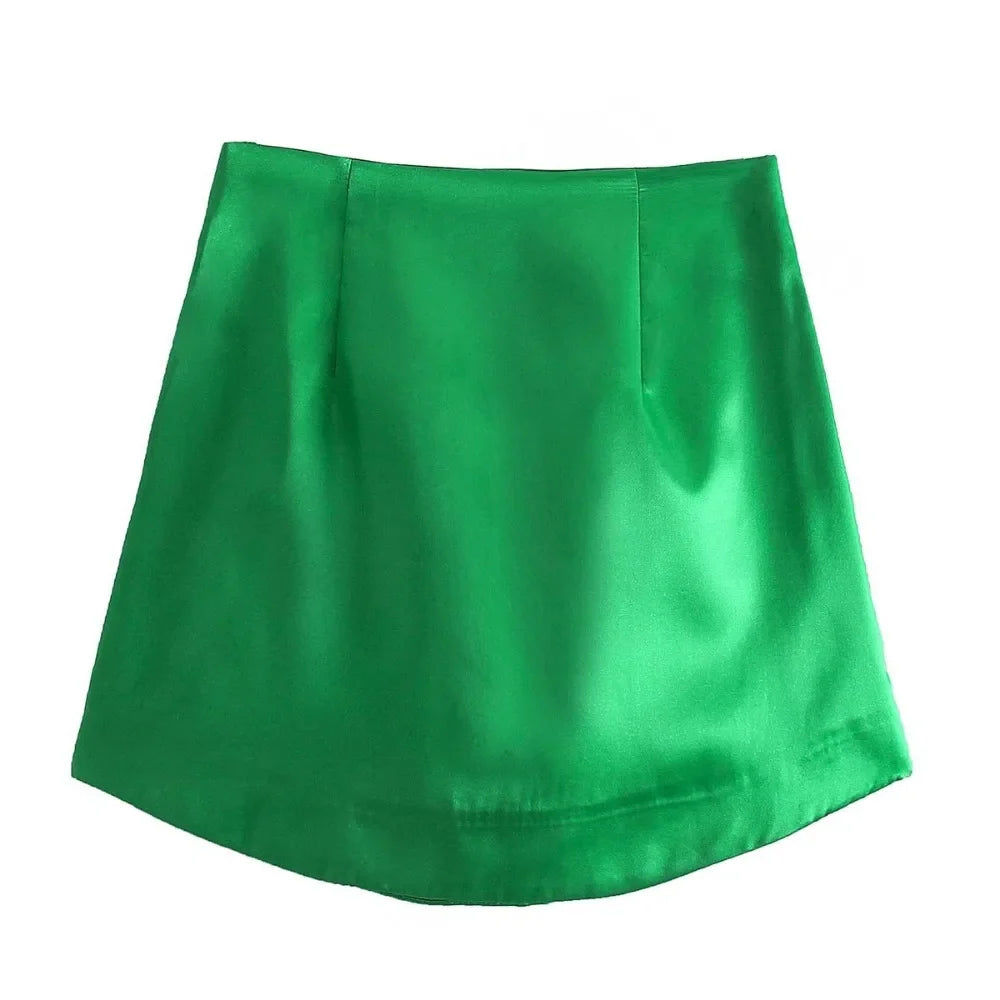 qgtao Slim Chic Elegant Women Mini Skirts Green Satin High Street Solid Side Zipper Sexy Bodycon Skirt Faldas Mujer