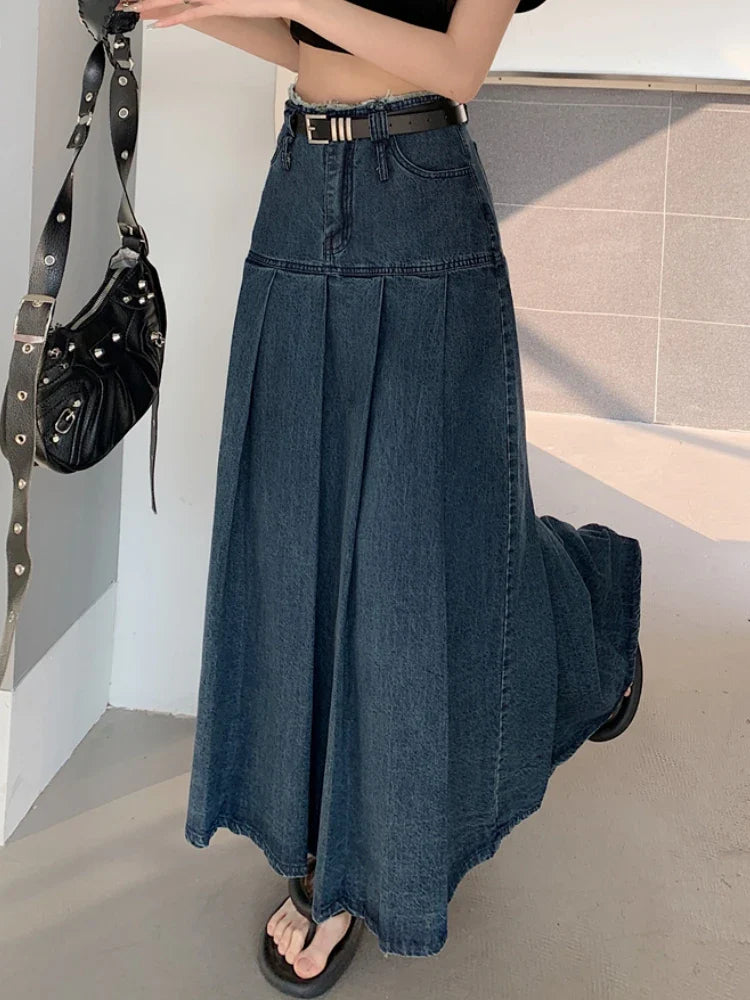 qgtao Long Skirts Women Vintage Spring Summer High Waist Jean Skirt Ladies  A-Line Ruffle Pleated Denim Skirt Plus Size With Belt