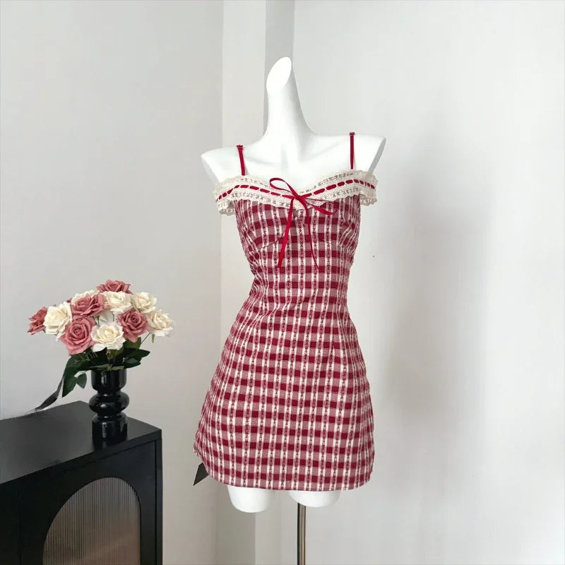 qgtao Japanese Plaid Kawaii Strap Dress Women Lace New Korean Casual Y2K Mini Dress Female V-neck High Waist Cute Clothes 2024 Summer