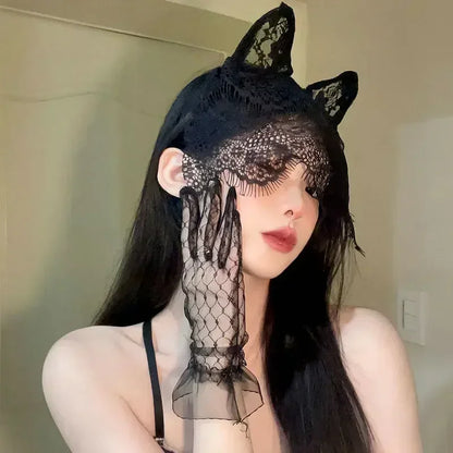 qgtao  -  Women Sexy Black Cat Ears Head Bezel Fashion Lace Lady Hairband Cosplay Headwear Headband Girl Birthday Party Hair Accessories