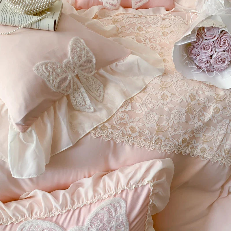 Yeknu Korean Princess Bedding Set Coquette Lace Bow  Beauty Solid Color Lace Ruffle Comforter Sets Luxury Girls Wedding  Duvet Cover