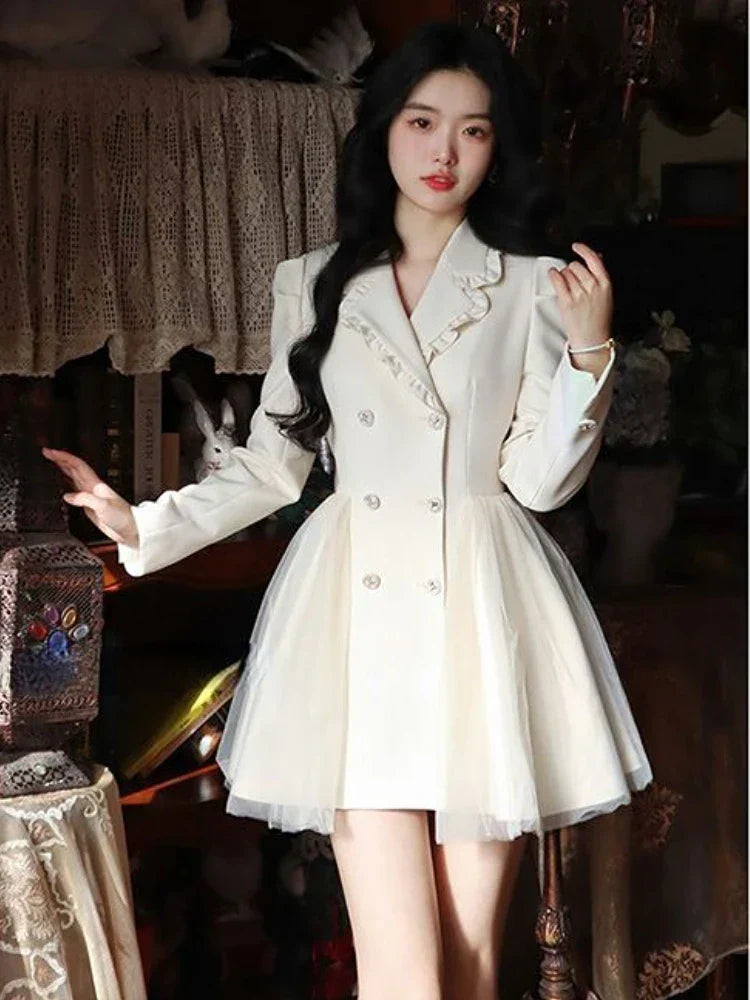 qgtao-Spring Elegant Blazer Dress Women Lace Patchwork Party Mini Dress Female Button Casual Korean Fashion Y2K Bow Kawaii Dress 2024