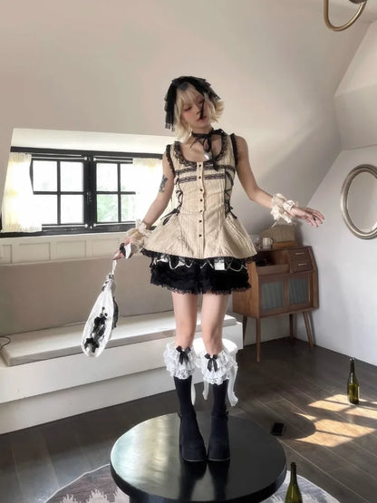 qgtao  -  Y2k Beige Button Up Blouse Women Lace Patchwork Bow Side Straps Square Neck Shirts Harajuku Streetwear Summer Goth Tops