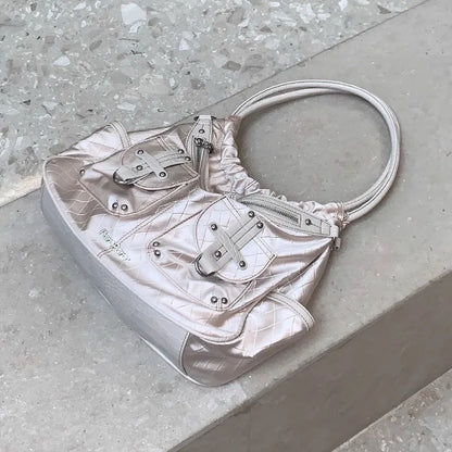 qgtao  Y2k White Shoulder Bag for Women Pleated Soft Autumn 2023 New Trendy Tote Bag Multi-pocketed Large Capacity Handbag Sac