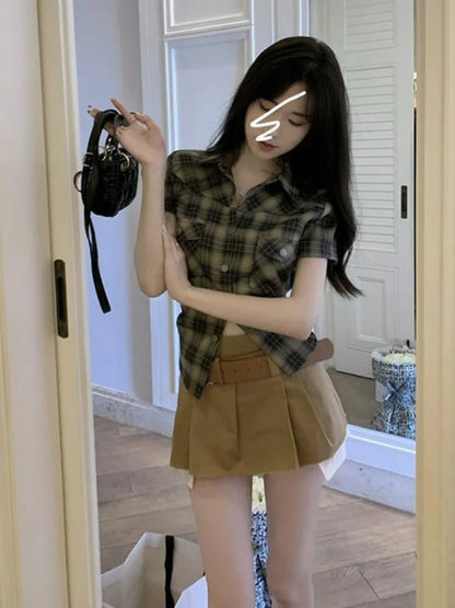 qgtao  -   Vintage Short Sleeve Plaid Shirt Women 90s Button Up Cardigan Blouse Female American Retro Sexy Cargo Tight Tops