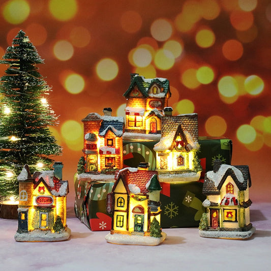 Christmas Decorations Holiday Village Set Lighted Xmas Village Houses with Figurines Small Christmas Scene Gift Home Ornament