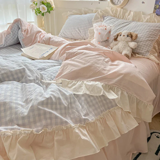 Yeknu Korean Princess Style Bedding Set Soft Skin-friendly Lattice Lace Ruffles Quilt Cover Plaid Style Duvet Covers Set Pillowcases