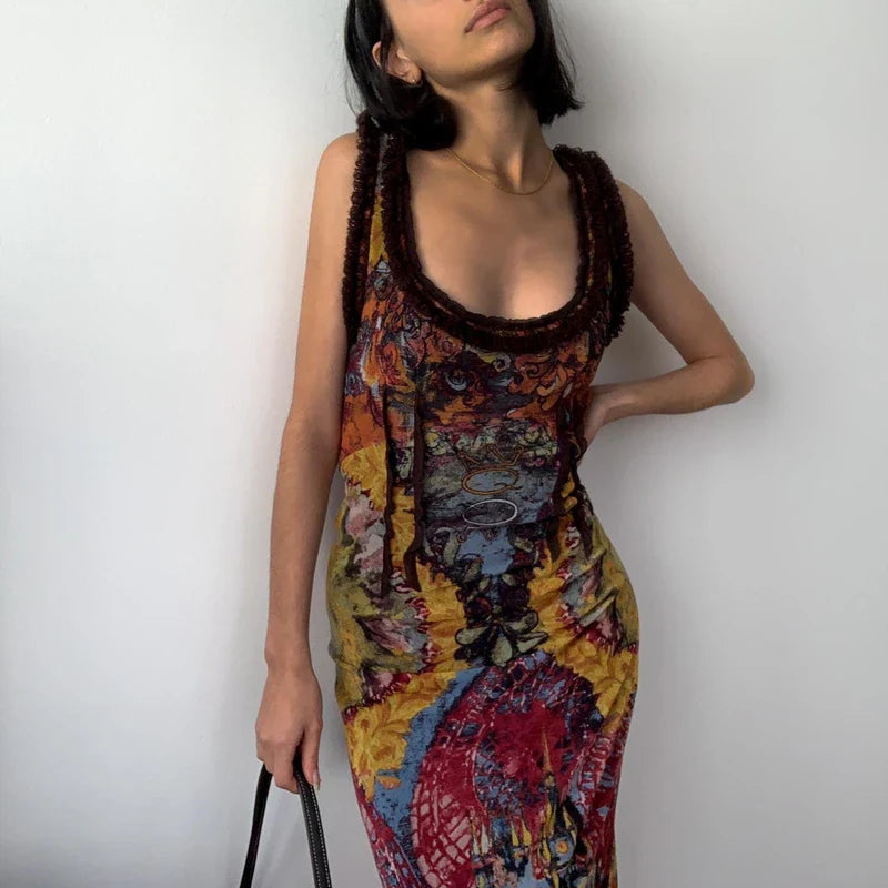 qgtao  -   Vintage Oil Painting Print Dress Sexy Backless Hollow Out Sleeveless Maxi Dresses Aesthetic Party Clubwear Slim Vestidos