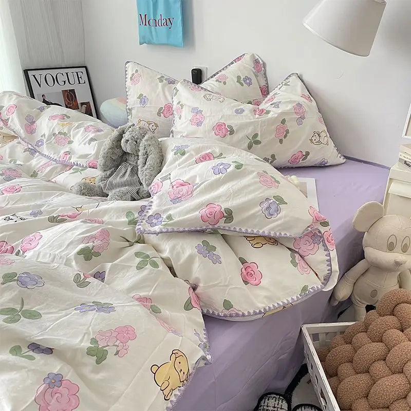 Yeknu Bedding Set Flora INS Girls 4 New Tulip Rabbit Double-layer  Bed Set Of Four Pieces Washing Cotton Bed Sheets Duvet Cover Set