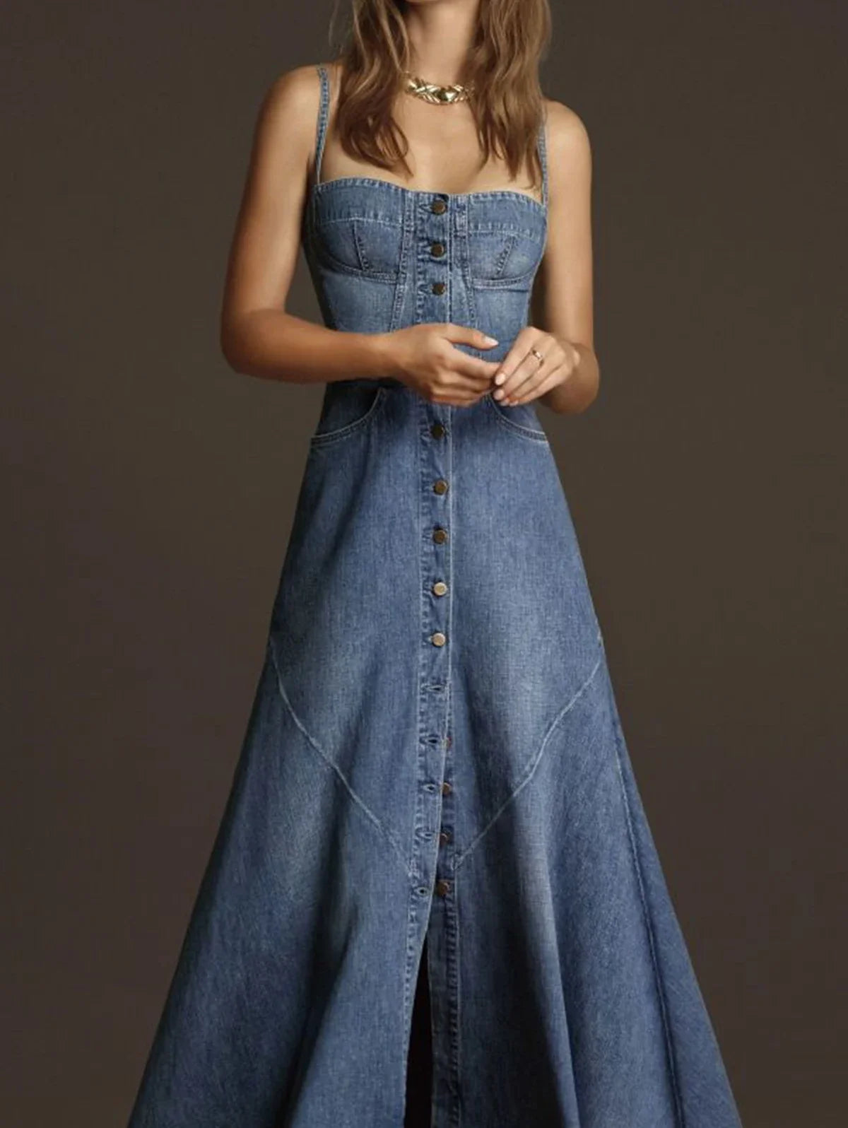 qgtao Fashion Women Denim Tank Dress Vintage Square Collar Waisted Sundress 2024 Summer Buttons Maxi Dress Holiday Solid Robes