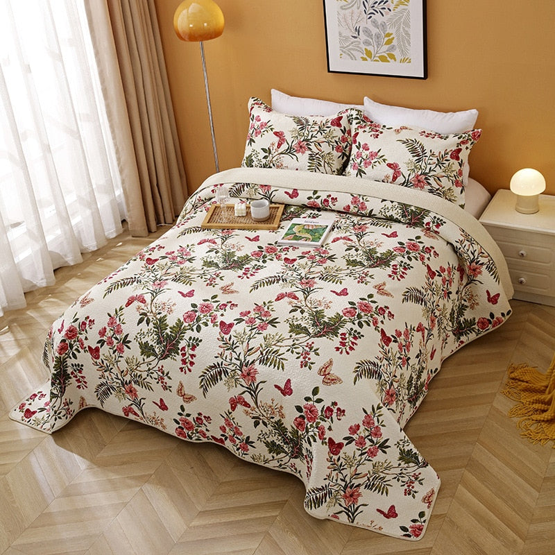 Yeknu 100% Cotton Birds And Flowers Quilt 3pcs Embroidered Quilted Quilt Pillowcase Free Shipping