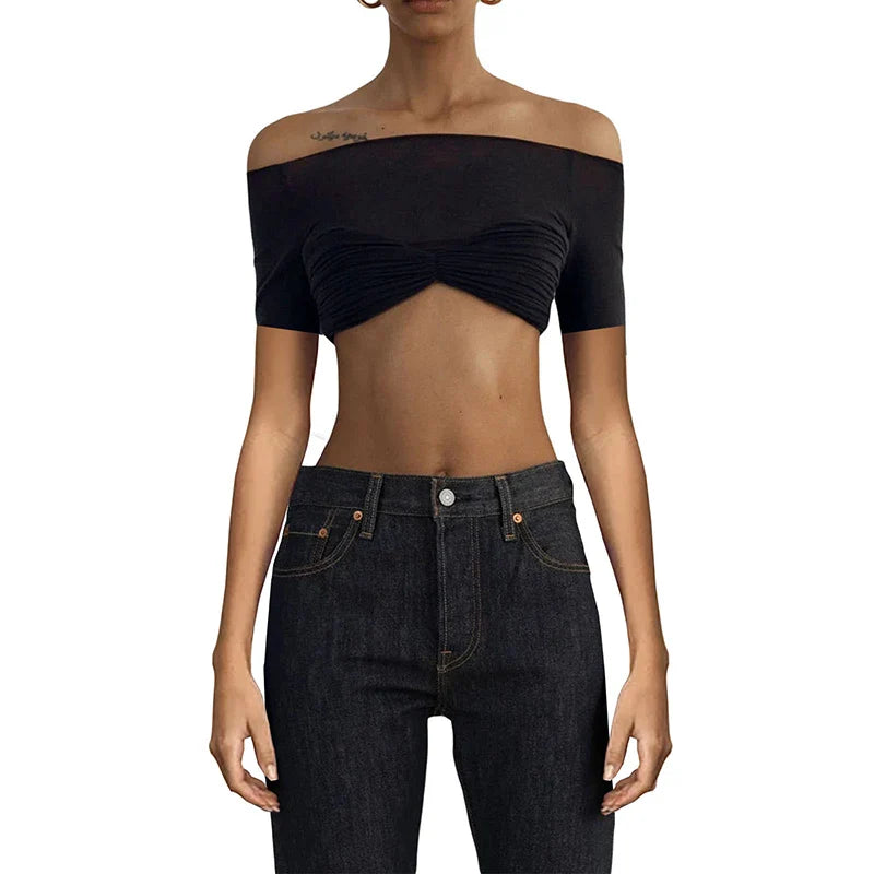Mozision See Through Mesh Crop Top Women Pullovers Strapless Short Knit Cropped Tops Ladies Tee Shirt Sexy Off-shoulder T-shirt