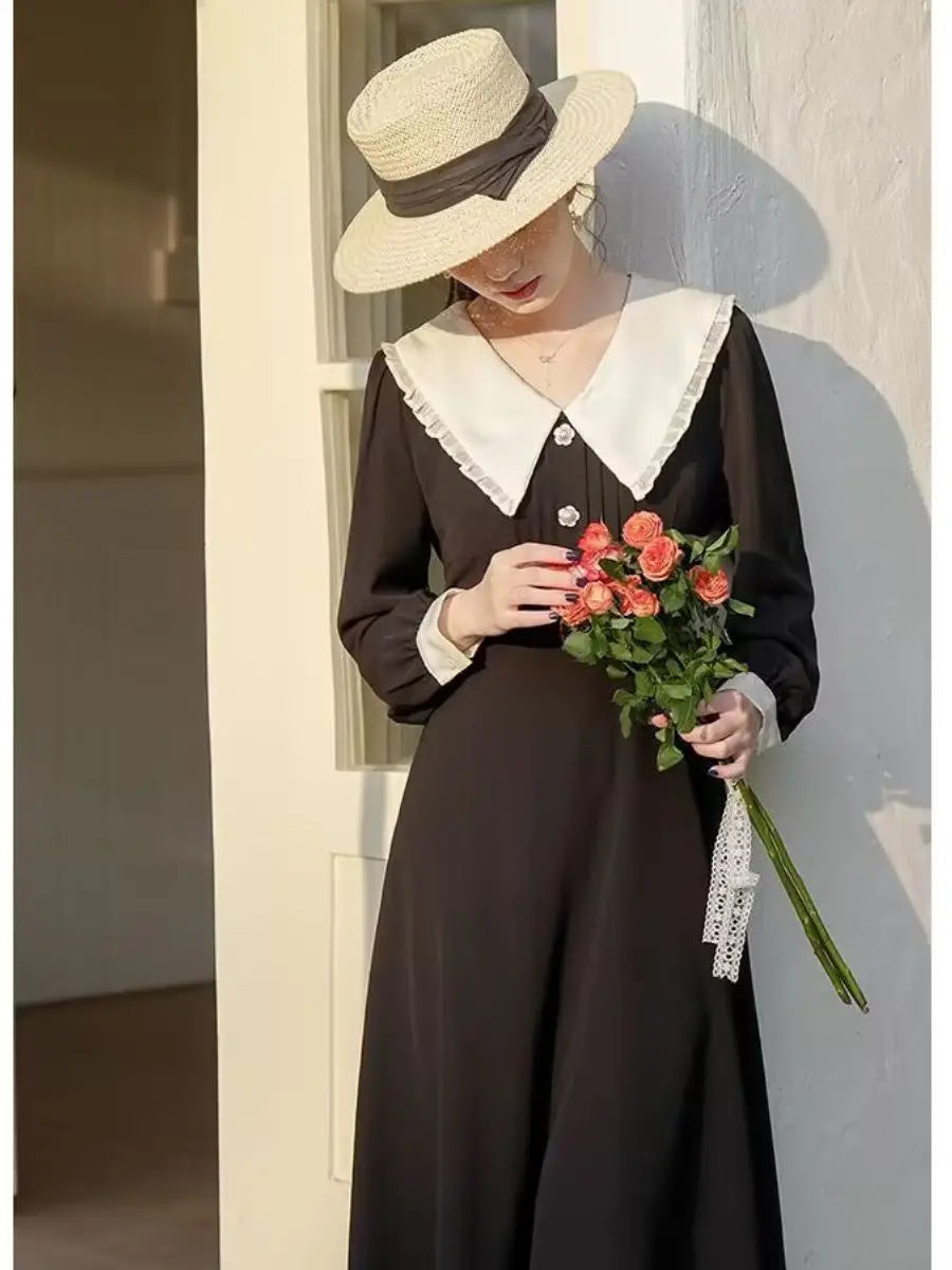 qgtao French Vintage Elegant Peter Pan Collar Pink Long Dress Women Spring Autumn Fashion Sweet design Ladies Loose Casual Midi Dress