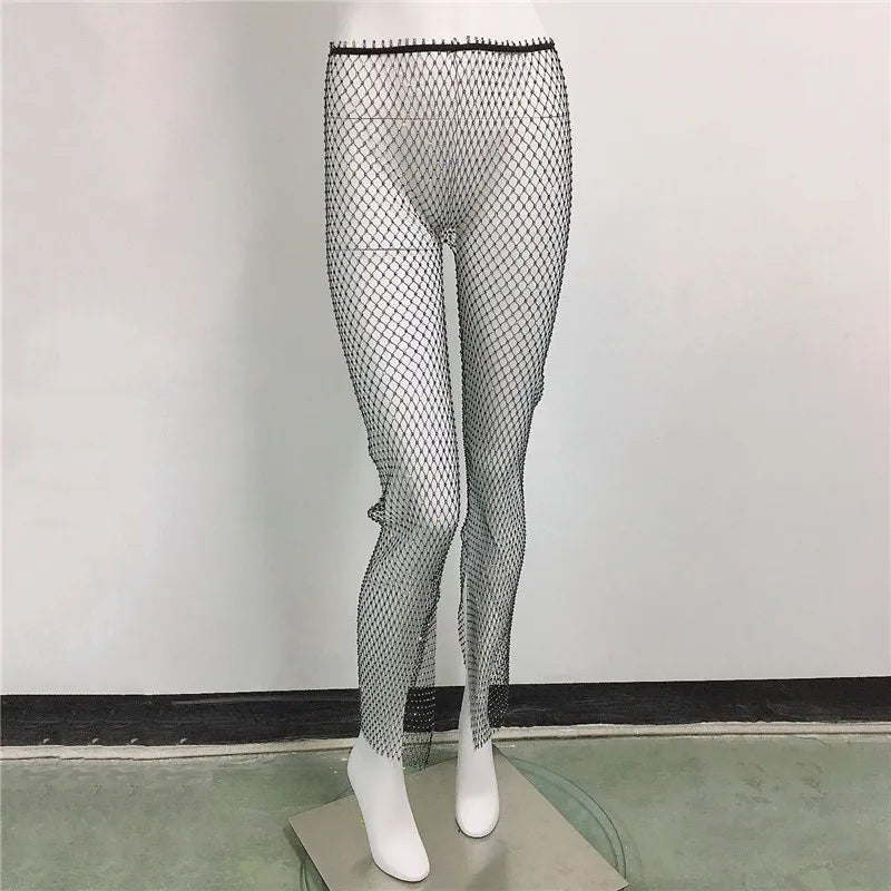 qgtao Crystal Diamond Shiny Women Pants Sexy Hollow Out See Through Fishnet Elastic Trousers Fashion Summer Beach Party Club Pant