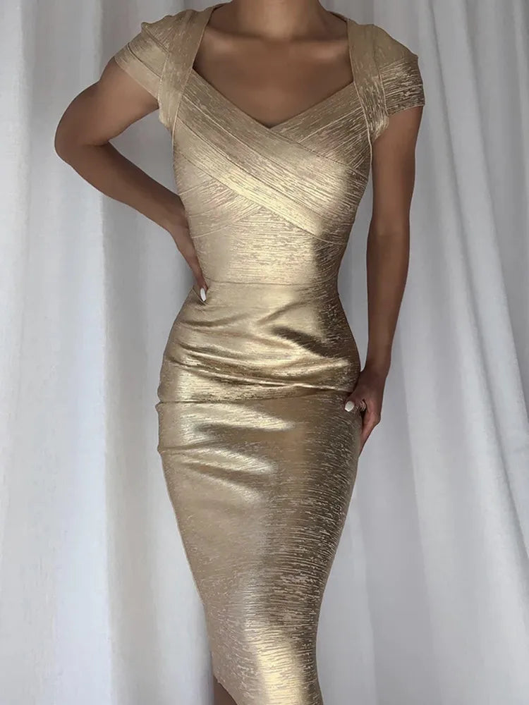 qgtao Hot Sale Summer Fashion Women Sexy Square Collar Bronzing Gold Midi Bodycon Bandage Dress 2024 Elegant Evening Club Party Dress