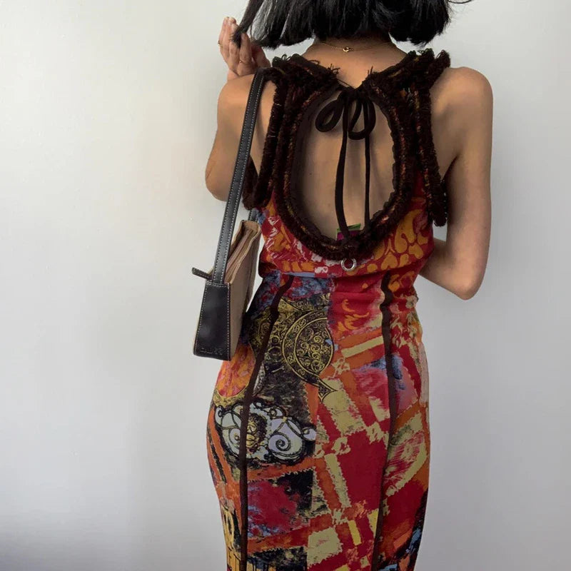 qgtao  -   Vintage Oil Painting Print Dress Sexy Backless Hollow Out Sleeveless Maxi Dresses Aesthetic Party Clubwear Slim Vestidos