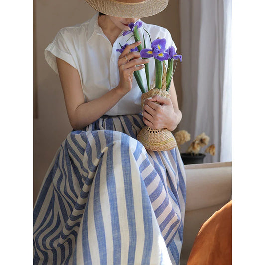 qgtao Women High Rise Blue Striped Vintage Midi Skirt 2024 Summer New In Swing Skirt