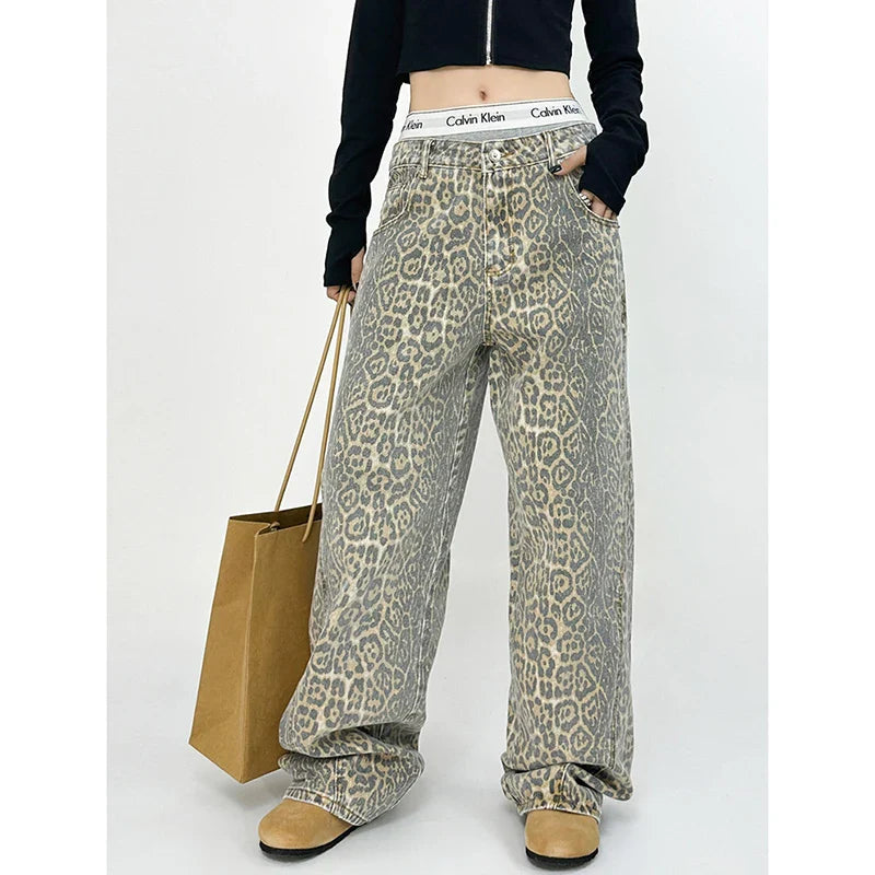 qgtao  -  American Retro High Street Casual Overalls Leopard Print Loose Wide Leg Pants For Women Y2k Hip-hop Cargo Grunge Baggy Trousers