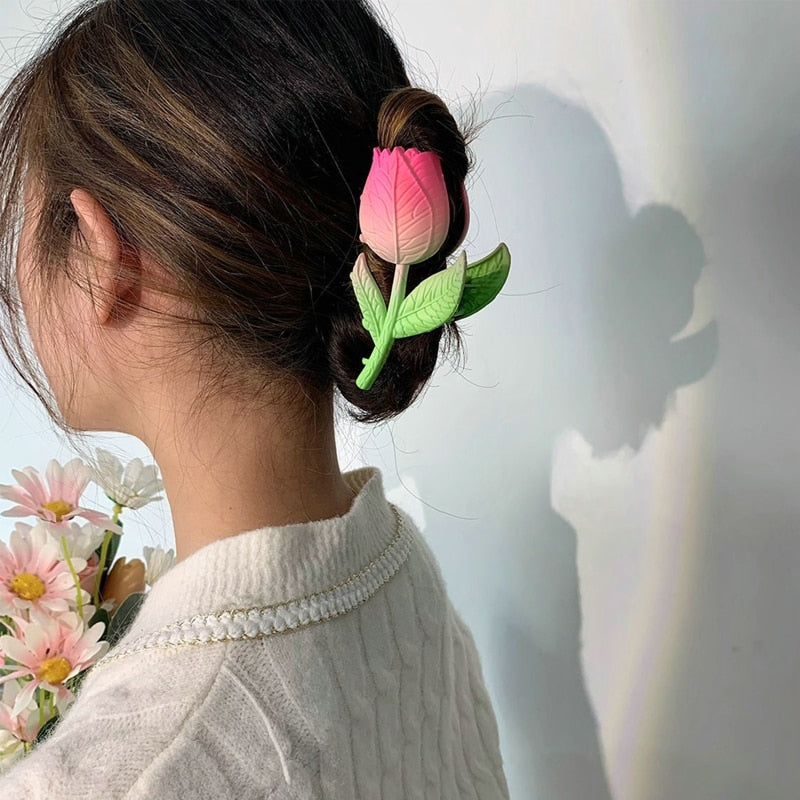 2022 Korean Fashion Pink 3D Tulip Hair Claws Women Girls Summer Shark Clip Hair Accessories Leaves Flowers Ponytail Gradient