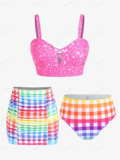 qgtao  Plus Size Padded Plaid Three Piece Swimwear Women Tankini Top,Briefs And Skirt Fashion High Waist Beachwear Bathing Suit