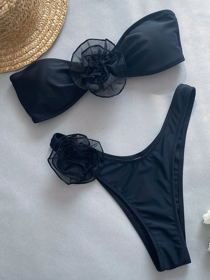 qgtao 3D Flowers Brazilian Strapless Bandeau Bikini Female Swimsuit Women Swimwear Two-pieces Bikini Set High Cut Bathing Suit Swim