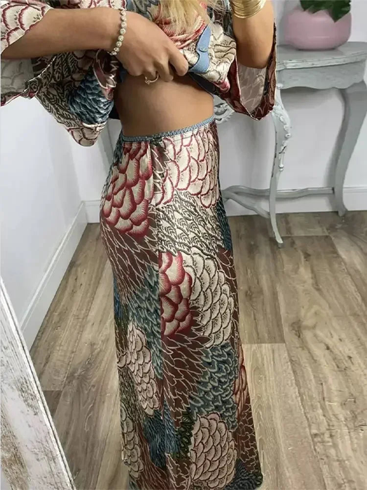 qgtao Summer Chic Printed Long Skirt Sets Women Fashion V Neck Half Sleeve Single Breasted Shirt Suits 2024  Female Commuting  Outfits