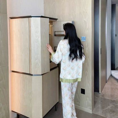qgtao Spring New Pajamas Women's Ice Silk Flower Print Long Sleeved Loose Size Sleepwear