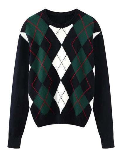 Sweet Girls Vintage Knitted Argyle Sweaters 2024 Early Autumn Fashion Ladies Pullovers Cute Women Chic Sweater Streetwear