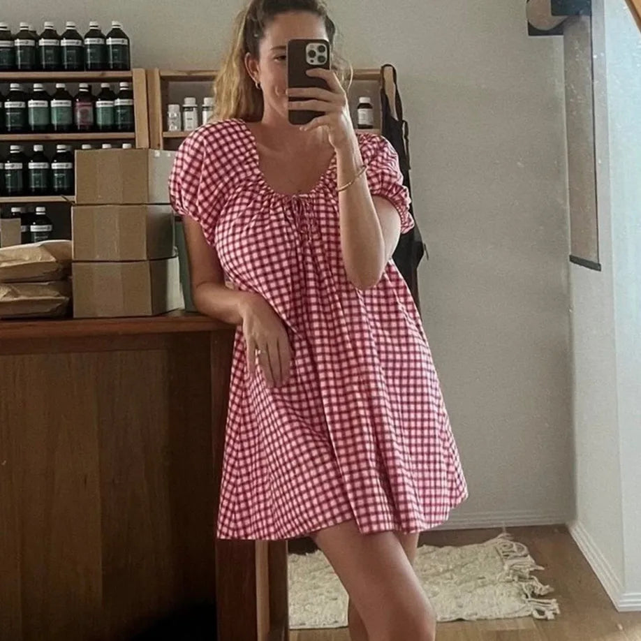 qgtao Women Y2k Babydoll Mini Dress Gingham Short Puff Sleeve Square Neck Dress Floral Fairy Loose Fit Summer Sundresses