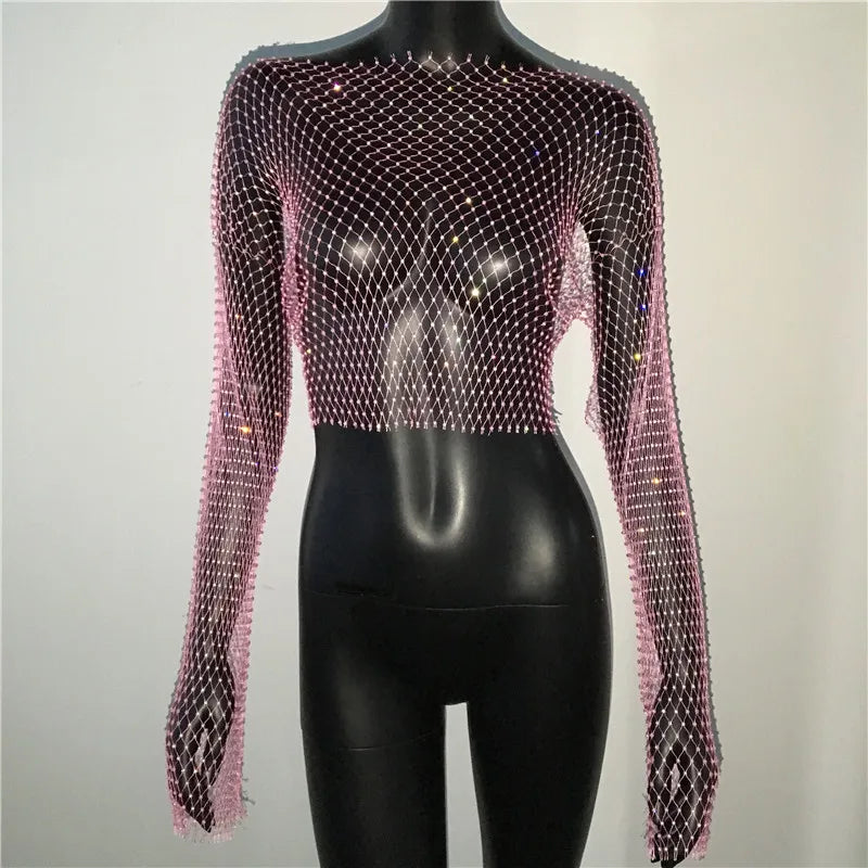 qgtao Women Sexy Mesh See Through T Shirt Shiny Rhinestone Fishnet Hollow Out Crop Top Long Sleeve Beach Cover Up Party Club Tank Tops