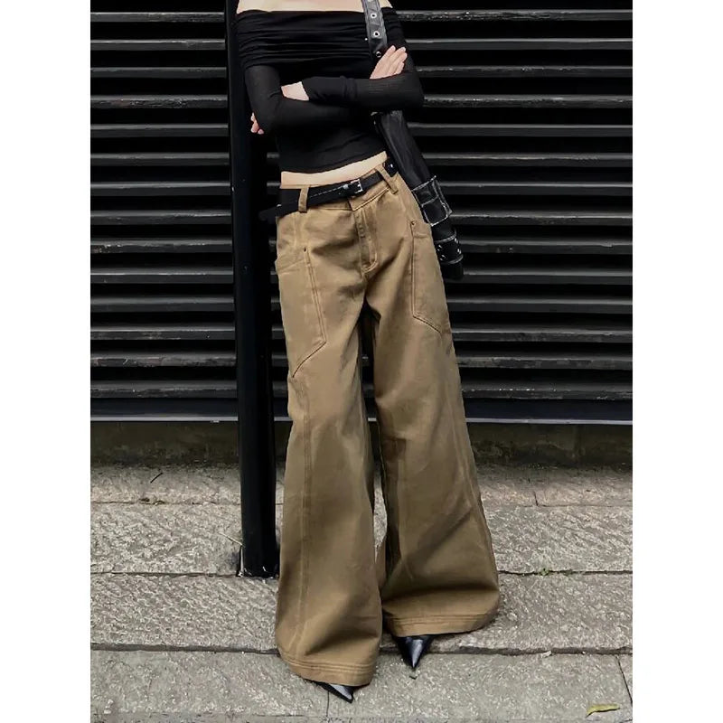 qgtao  -  Women's Brown Y2k Low Rise Jeans Harajuku Denim Trousers Streetwear Y2k Baggy Jean Pants Vintage 90s Aesthetic 2000s Clothes