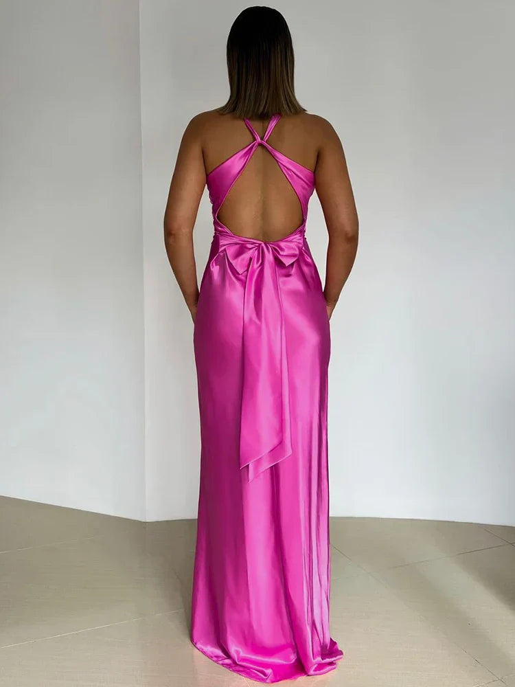 qgtao Satin Bow Backless Sexy Maxi Dress For Women Gown Fashion V Neck Sleeveless Club Party Evening Dress Elegant