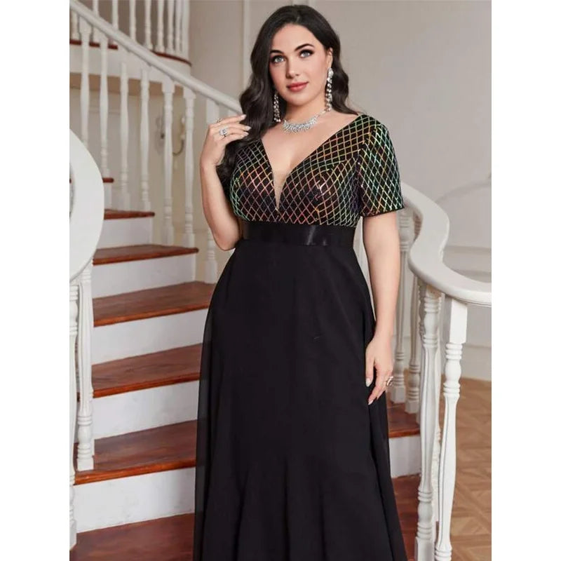 qgtao Plus Size V Neck Rhombus Sequin Luxury 4XL5XL Chiffon Dress Party Prom Black 3/4 Sleeve Over Maxi Dress for Party Wedding