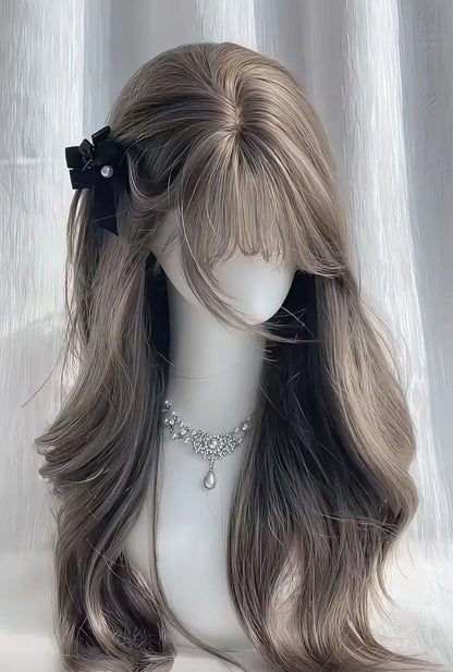 qgtao  -  Gray Brown Wig with Bangs Long Wavy Soft Hair 24inch Body Wave Wig Lolita High Temperature Fiber Headband Peluca Daily Use