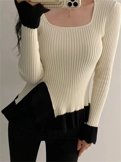 Tossy Ruffled Patchwork Vintage Pullover Sweater For Women Ribbed Contrast Elegant Long Sleeve Loose Knit Female Pullover 2024